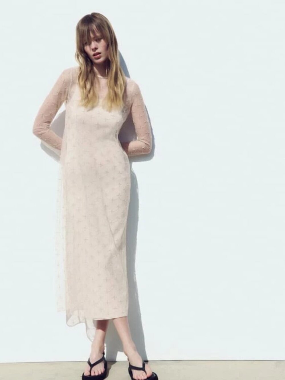 Zara NEW Embroidered Lace Beaded Midi Knit Beige Dress Cava Limited Edition S
